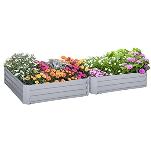 Image of Outsunny Set of 2 291L Raised Garden Bed, Elevated Planter Box with Galvanised Steel Frame for Growing Flowers, Herbs, 100 x 100 x 30 cm, Grey