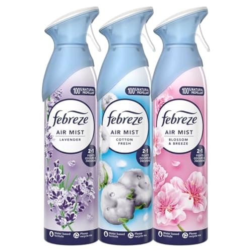 Image of Febreze Air Mist Air Freshener Spray odour Eliminator Home & Office Fragrances - Cotton Fresh - Lavender - Blossom & Breeze - 185ml - Box of 3