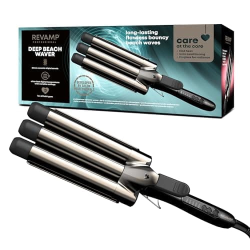 Image of REVAMP Deep Beach Waver - Triple Barrel Hair Waver, Professional Ceramic Barrel Infused with Progloss Enhanced Shine Oils, Fast Heat Mermaid Beach Waves Hair Curler for Short, Medium, Long Hair Types