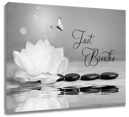 Image of LB Zen Stone Wall Art Waterlily Flower Grey Butterfly Canvas Wall Art for Living Room Just Breathe Yoga Spa Relax Poster Paint Wall Art Decor for Bathroom Kitchen Bedroom,16Wx12H inch Wooden Framed