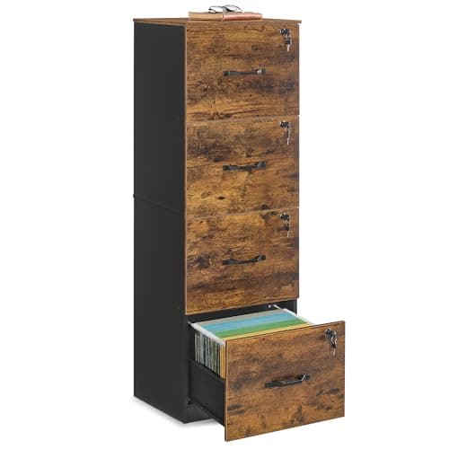 Image of VASAGLE File Cabinet, Filing Cabinet for Home Office, Printer Stand, with 4 Lockable Drawers, Adjustable Hanging Rails, for A4 and Letter-Size Files, Rustic Brown and Ink Black OFC082K02