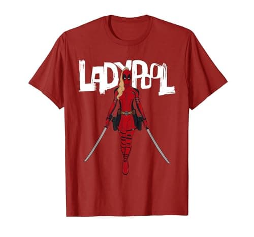 Image of Marvel Studios Deadpool & Wolverine Ladypool with Swords T-Shirt, Men, Cranberry Red, Medium
