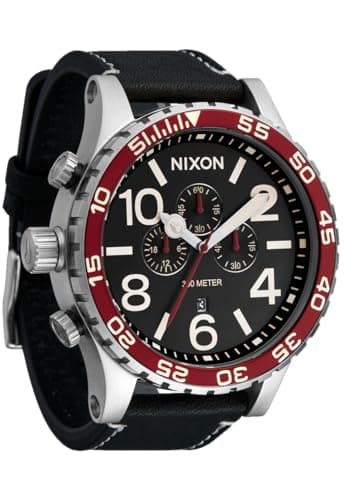 Image of NIXON 51-30 Chrono A1392-300m Water Resistant Men's Analog Fashion Watch (51mm Watch Face, 25mm Genuine Leather Band), Silver / Black / Cranberry, 51MM, 51-30 Chrono Leather