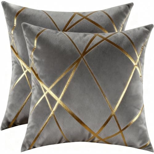 Image of Miuyunya Luxury Velvet Cushion Covers 45cm x 45cm Gold Striped Decorative Throw Pillow Covers with Invisible Zipper Cushion Case Couch Pillowcases for Sofa Living Room Bedroom Sets of 2 Gray