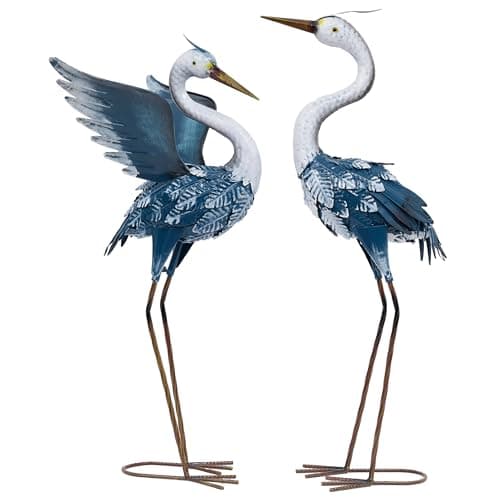 Image of TERESA'S COLLECTIONS Large Garden Ornaments Outdoor, Gifts for Women, 2pcs Lifelike Metal Heron Garden Statues, Standing Heron Deterrant for Ponds, Bird Decorations for Lawn Yard, 26 Inch