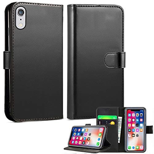 Image of iPhone XR Leather Wallet Case - Folio Flip Book Cover with Magnetic Clasp Closure - Adjustable Viewing Stand (iPhone XR, Black)
