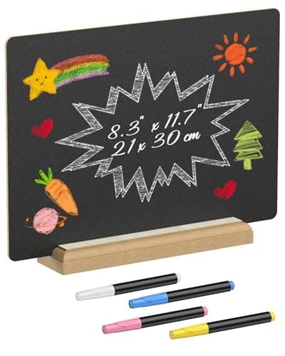 Image of Uniclife A4 Tabletop Chalkboard Sign with Stand & Chalk Markers, 21 cm × 30 cm, Double-Sided Wooden Chalk Board Sign for Tables, Large Reusable Message Board, Menu Board for Bar Restaurant Wedding