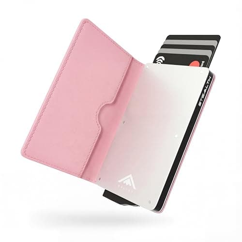 Image of Stealth Wallet - Smart Minimalist Cards Holder – RFID/NFC Blocking Pop Up Wallets & Gift Box - Slim Lightweight Metal Credit Card Holders & Contactless Protecto (Silver Aluminium with Pink Leather)