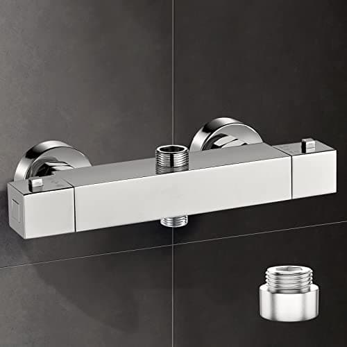 Image of Thermostatic Shower Mixer Bar Two Outlet Square Shower Mixer Tap Wall Mounted Dual Outlet with Top 3/4" Bsp (26.4mm)+Bottom 1/2" Bsp (21mm), Shower Thermostatic Mixer Solid Brass Chrome Modern
