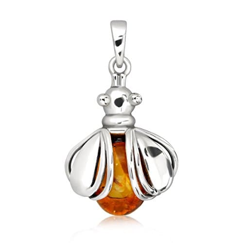 Image of WithLoveSilver 925 Sterling Silver Flying Ladybug Natural Oval Baltic Amber Pendant
