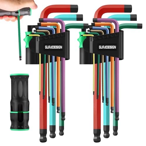 Image of GURADESIGN 19-Piece Allen Key Set, Hex Key Set,Metric and SAE Alan Keys Sets Extra Long with Ball End T-Handle, MM(1.5mm-10mm),SAE(5/64"-3/8") Chrome Vanadium Steel