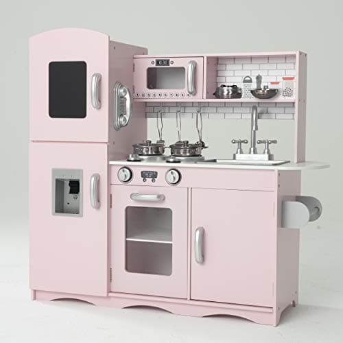 Image of Kidoz Signature Kids Wooden Kitchen, Large Pretend Role Play Kitchen With Realistic Oven, Microwave and Sink With Taps, Kitchen Playset With Sounds And Lights For Kids (Pink Kitchen With Utensils)