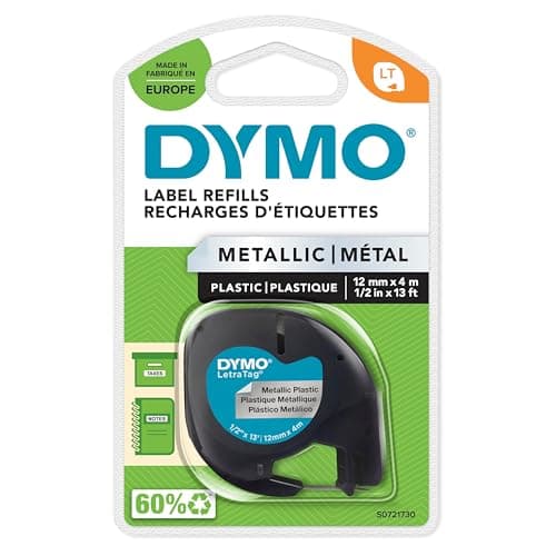 Image of DYMO LetraTag Metallic Labels | Authentic | Black Print on Metallic Silver | 12mm x 4m | Self-Adhesive Multipurpose Labels for LetraTag Label Makers