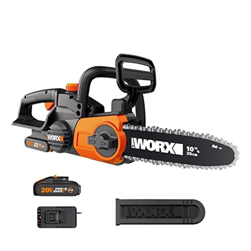 Image of Worx 20V Cordless Chain Saw, WG322E.1 25cm Chainsaw, Auto-Tension and Auto-Lubrication, 10'' Bar Length, Powershare, 1 * 2.0Ah Battery, 1 * 2A Charger