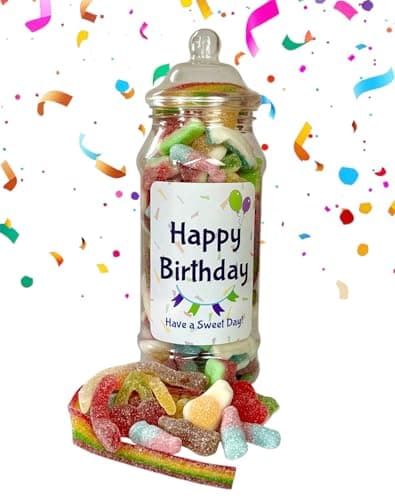 Image of Happy Birthday Quality Popular Pick n Mix Sweets Gift Jar Selection, Favourite Sweet Variety Assortment (650g Fizzy Mix)