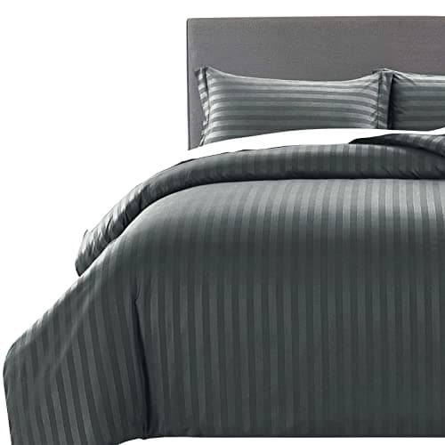 Image of MOONLIGHT20015 Double Duvet Set Reversible Stripes Satin Double Bedding Set with 2 Pillowcases Soft Hypoallergenic Duvet Cover (Charcoal 200x200 CM)