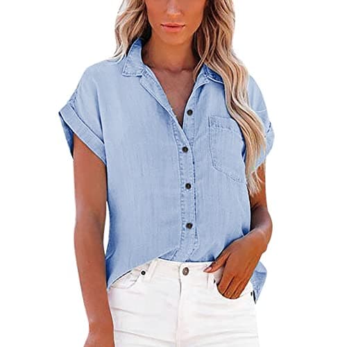 Image of Womens Short Sleeve Denim Shirts with Pockets Button Down Chambray Jean Western Shirts Summer Loose Casual Solid Collared Tops Blouse Blue