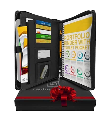 Image of Black A4 Conference Folder - Zippered PU Leather Portfolio Folder for Men & Women with A4 Notepad, 10.5 Inch Tablet Pocket & Gift Box by Lautus Designs