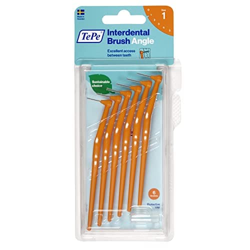 Image of TePe Angle Orange Interdental Brushes (0.45mm - Size 1) / Easy and simple interspace cleaning with long handle and angled neck / 2 x 6 brushes