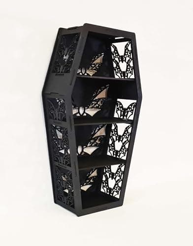 Image of Kraftopia Uk Gothic coffin Shelf Bat - Gothic shelving Display unit - Halloween Cabinet - Goth Decor - Crystal display Cabinet - shelving for crystals - Spooky gift ideas.