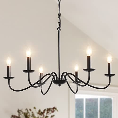 Image of MRHYSWD Black Chandelier, 6 Lights Vintage Chandeliers Ceiling Lights Living Room Hallway Kitchen Bedroom, Industrial Black Pendant Light Fitting, Height Adjustable, E14 Socket (Exclude Bulbs)