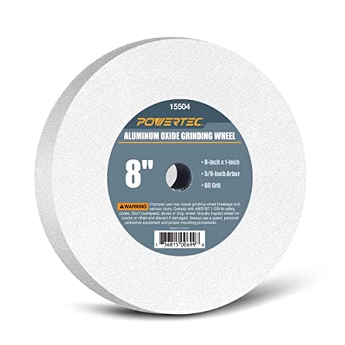 Image of POWERTEC Bench Grinder Wheel 8 Inch 60 Grit, White Aluminum Oxide Grinding Wheel for Bench Pedestal Grinder, 1" Thick 5/8" Arbor, Sharpening & Shaping Drill Bits, Blade, and Chisel 1PK (15504)