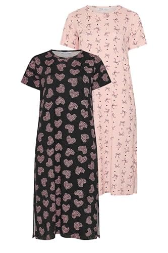 Image of Yourset Curve 2 Pack Bow & Heart Print Midaxi Nightdresses - Women's - Plus Size Curve Pink