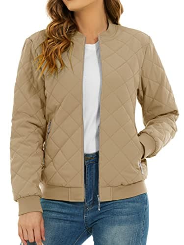 Image of TACVASEN Casual Jacket for Women Diamond Quilted Jacket Work Bomber Jacket Breathable Hiking Jacket Winter Outerwear Coat,Khaki,L