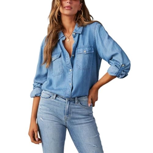 Image of FeMereina Long Sleeve Denim Shirt Women Button Down Chambray Shirt Casual Snap Jean Shirts Blouse Top (Dark Blue, L)