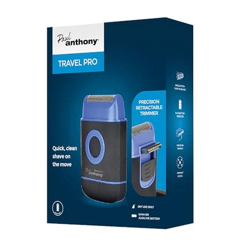 Image of Paul Anthony Travel Pro Battery Operated Men's Compact Foil Shaver/Titanium Steel Flexible Blade/Retractable Side Foil Flexible Trimmer/Rubberised Finish / 2 x AA Battery Operated - H5001