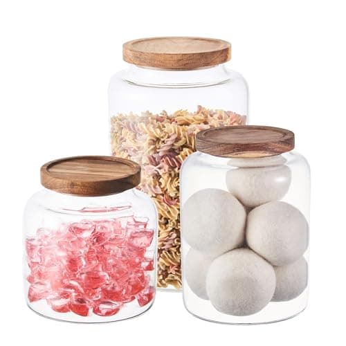 Image of Eden & Willow Large Glass Storage Jar with Airtight Acacia Wooden Lid and | Borosilicate Glass Container for Kitchen Organisation (3, 2L + 2.5L + 3L)