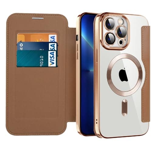 Image of IMIRST Magnetic Case for iPhone 13 Pro Max, [Compatible with MagSafe] Premium Flip Leather Card Holder with RFID Blocking Clear Shockproof Phone Case Cover for Apple iPhone 13 Pro Max, WD Brown