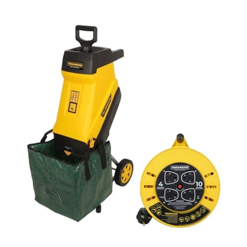 Image of TOUGH MASTER Electric Garden Shredder 2400W, Portable with 10 Metre Power Cable, 45mm Chipping Width, 45L Collection Bag, Double Sided Blade System, Auto Shut-Off (With 10m Cable Reel)