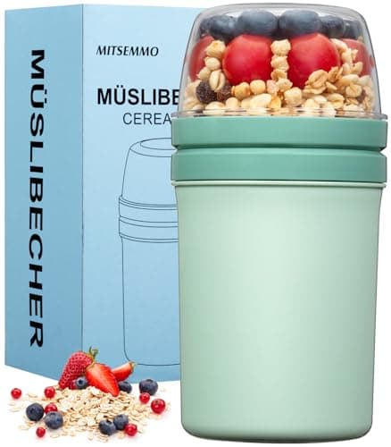 Image of Mitsemmo Cereal Cup On The Go,600ml+270ml Breakfast Pots to Go,Yogurt and Granola Pot,Muesli Cup Travel Bowl and Milk Container for Work,Overnight Oats Jar with Lid & Spoon(Nordic Green)