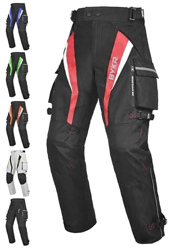 Image of BYKR Motorcycle Pants for Men and Women Armored Cordura Overpants Enduro ATV Dual Sports Motocross Cargo Work Touring Adventure Pants All Weather Protection with Hi Viz Safety Waterproof (RED 30X34)