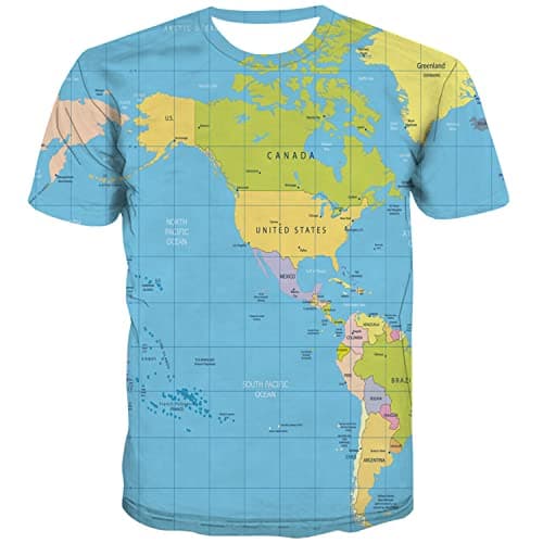 Image of KYKU Men World Map Shirt Globe Costume Earth Print Geography Gifts for Adult, World Map T-shirt, Large