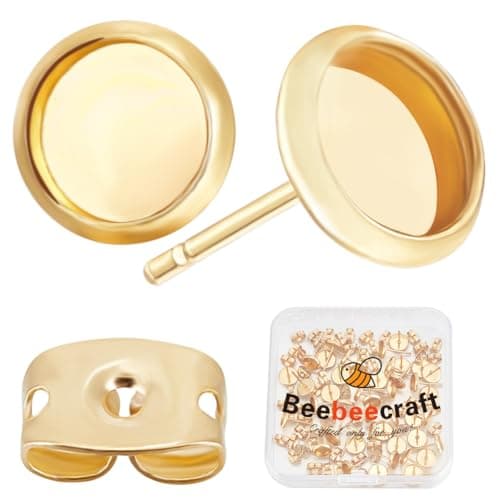 Image of Beebeecraft 1 Box 50Pcs Post Stud Earring Findings 18K Gold Plated Blanks Round Cabochon Prong Earring Bezels Trays Settings with 6mm Tray and 50Pcs Earring Backs for Earring Jewelry Making