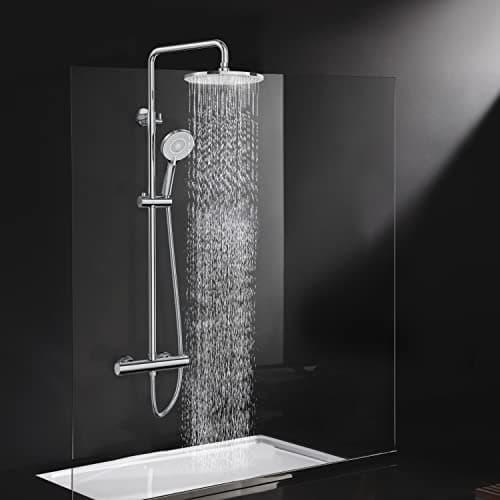 Image of Rainsworth Thermostatic Shower Mixer Set Chrome, 25cm Round Overhead Rainfall Shower, 3 Jet Types Handheld Shower, Height Adjustable Shower System