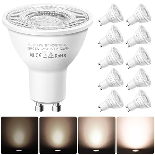 Image of Nottac GU10 LED Spotlight Bulbs, Dimmable Natural White 4000K 4.9W Energy Saving Light Bulbs, (Equivalent to 50W) Halogen Spotlight Bulbs, LED Bulbs for Ceiling, Pack of 10