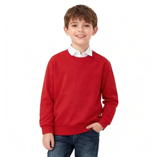 Image of Unisex Jumper Kids, Boys Sweatshirt, Girls School Uniform, Cotton Crew Neck Pullover, Plain Color Clothes, Children Long Sleeved Tops, Winter Sports T-Shirt, Red Christmas Sweater for Age 11-12 Years