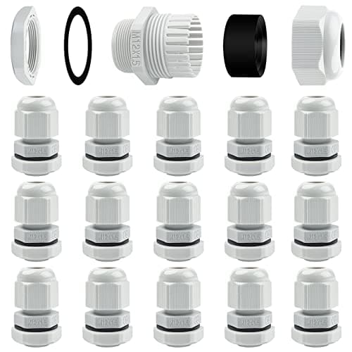 Image of 15 Pack Cable Glands M12, Hanibos IP68 Waterproof Cable Glands Nylon Compression Glands Connectors with Locknut and Washer Suitable for 3-6.5mm Cables White