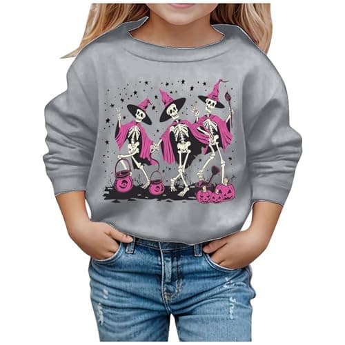 Image of SoLu DAY8 Halloween Sweatshirt No Hood Kids Girls Age 3-10 Years Funny Dance Skeleton Graphic Autumn Long Sleeve Pullover for Girls Oversized Casual Jogging Vacation Festival Tops (Grey, 8-9 Years)