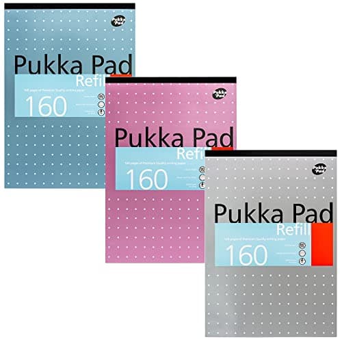 Image of Pukka Pad, A4 Refill Notepad – 160 Pages of Premium Quality Writing Paper-80GSM, with Feint Ruled 8mm Lines and Margin–Tape Head Bound with 4-Holepunch –29.7 x 21cm –Pack of 3 Assorted
