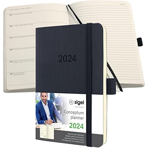 Image of SIGEL C2425 Conceptum Weekly planner and notes 2024, approx. A6, Black, softcover, 2 pages equal to week on left/notes on right, 176 pages