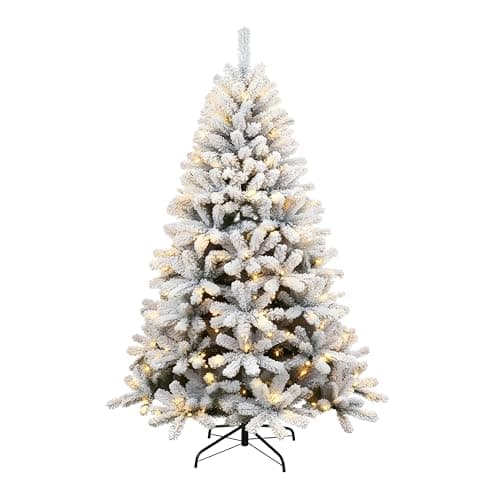 Image of 6Ft/1.8m Pre-Lit Yukon Snow Pine Artificial Green Christmas Tree Snow Flocked 550 Tips Branches Snowy Bushy Xmas Home Decorations, with 260 Warm White LEDs, Metal Stand