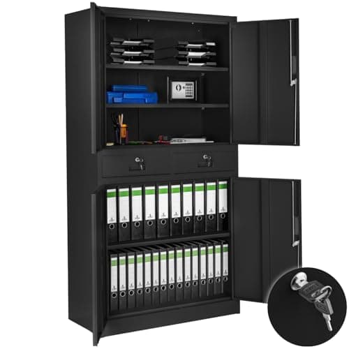Image of tectake® Lockable Filing Cabinet in Robust Steel with 2 Drawers, 2 Compartments with Adjustable Shelves, Easy Assembly, Reinforced Hinged Doors & 4 Locks - Home & Office Storage Cabinet - Black