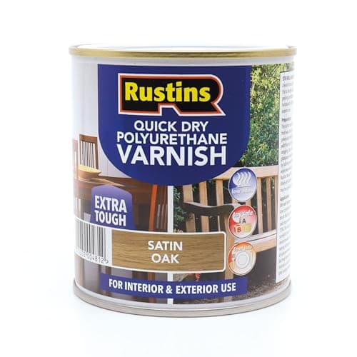 Image of RustinsQuick Dry Poly Varnish Satin Oak 500ml -Tough, Water-Based Clear Finish in Gloss, Matt or Satin; Durable Protection for Interior Wood, Furniture and Floors