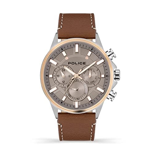 Image of Police Kismet Mens Multifunction Watch with Warm Grey Dial and Tan Brown Leather Strap, 47mm Stainless Steel Case in Branded Watch Box PEWJF2195142-2 Year Warranty