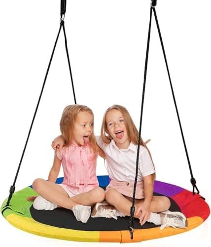 Image of GYMAX Kids Nest Swing, 40 Inch/100cm Saucer Tree Swings with Height Adjustable Hanging Ropes, Indoor Outdoor Children Round Swing for Playground Garden (Colorful)