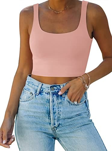 Image of REORIA Women’s Sexy Square Neck Double Lined Seamless Sleeveless Cropped Tank Yoga Crop Tops Pink S